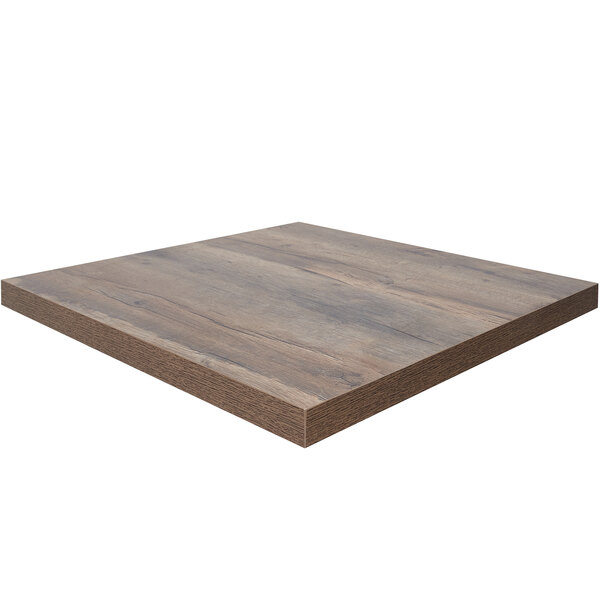 A BFM Seating knotty pine square table top with a dark brown finish.