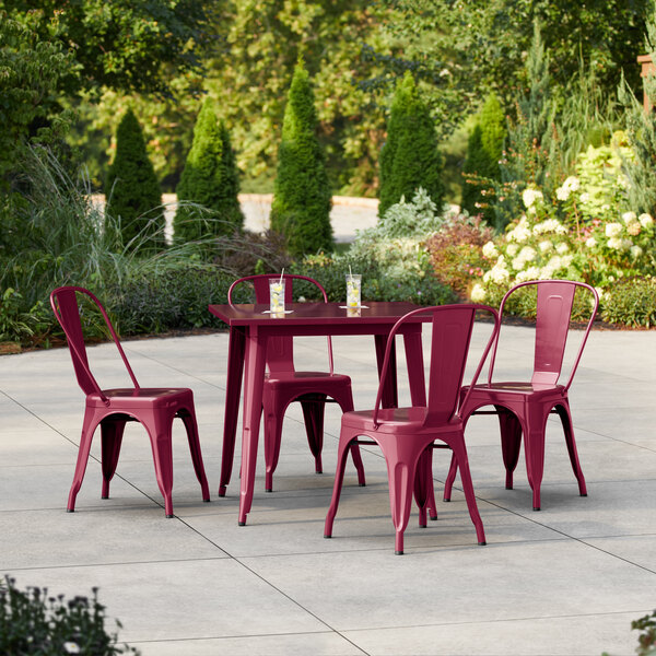 Lancaster Table & Seating Alloy Series 31 1/2" x 31 1/2" Mulberry Standard Height Outdoor Table with 4 Cafe Chairs