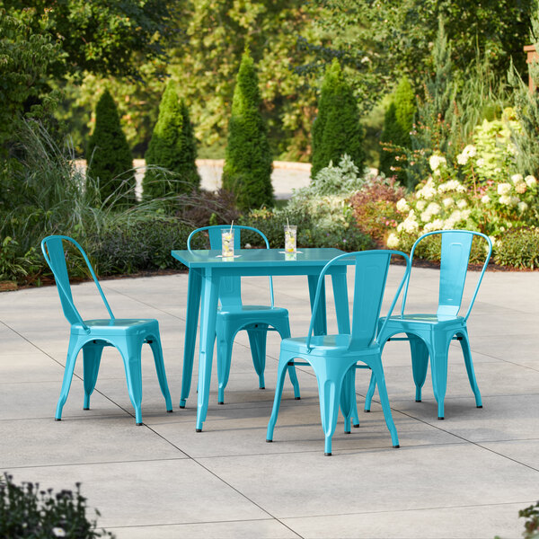 Lancaster Table & Seating Alloy Series 31 1/2" x 31 1/2" Turquoise Standard Height Outdoor Table with 4 Cafe Chairs