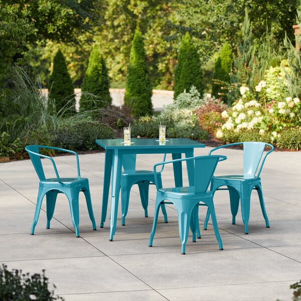Lancaster Table & Seating Alloy Series 31 1/2" x 31 1/2" Teal Topaz Standard Height Outdoor Table with 4 Arm Chairs