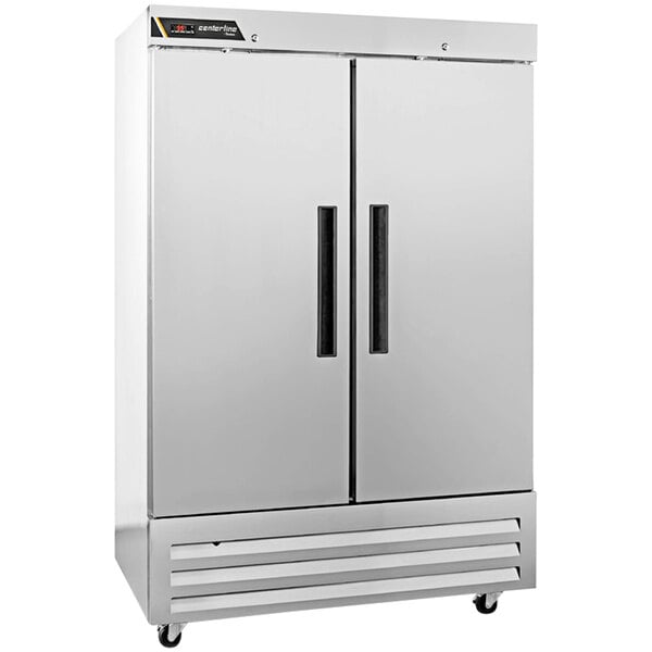A Traulsen silver stainless steel 2-door reach-in refrigerator.