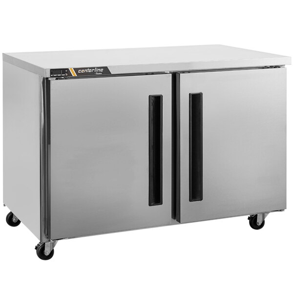 A Traulsen stainless steel undercounter freezer with two right hinged doors.