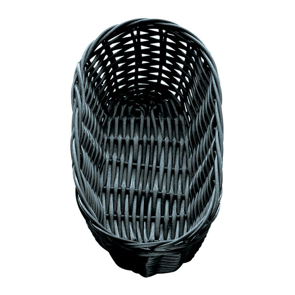 A black oblong rattan basket with handles.