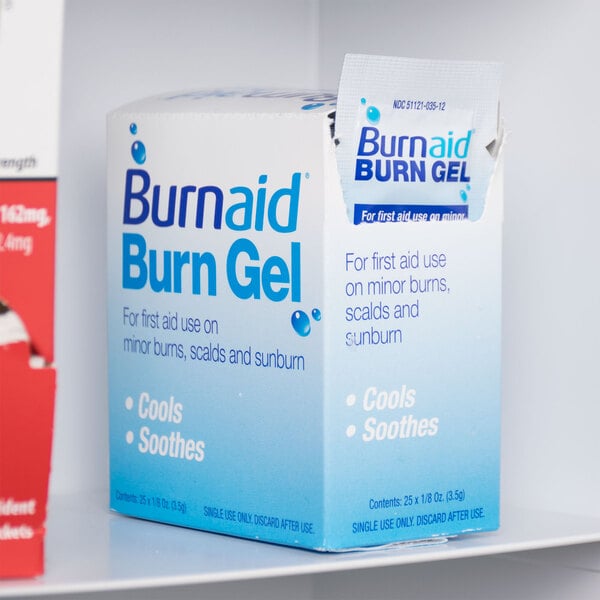 A box of 25 Medique burn gel packets on a shelf.