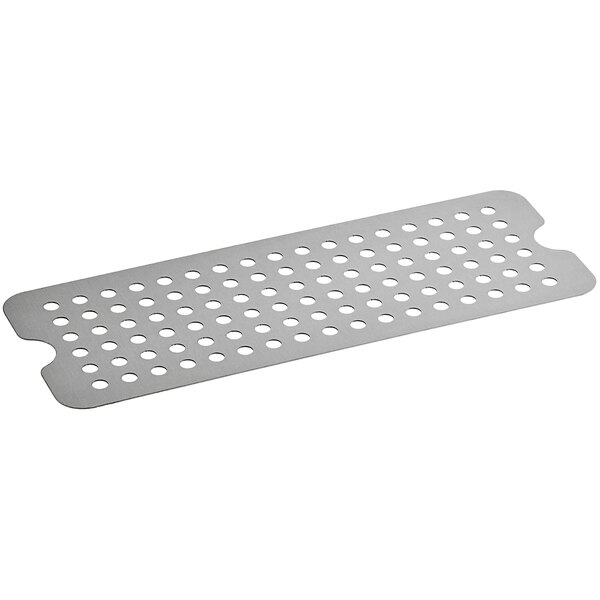 A silver rectangular metal plate with holes.