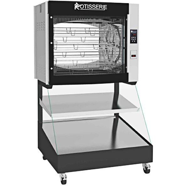 A white and black Rotisol-France electric rotisserie with 8 baskets and a glass door.