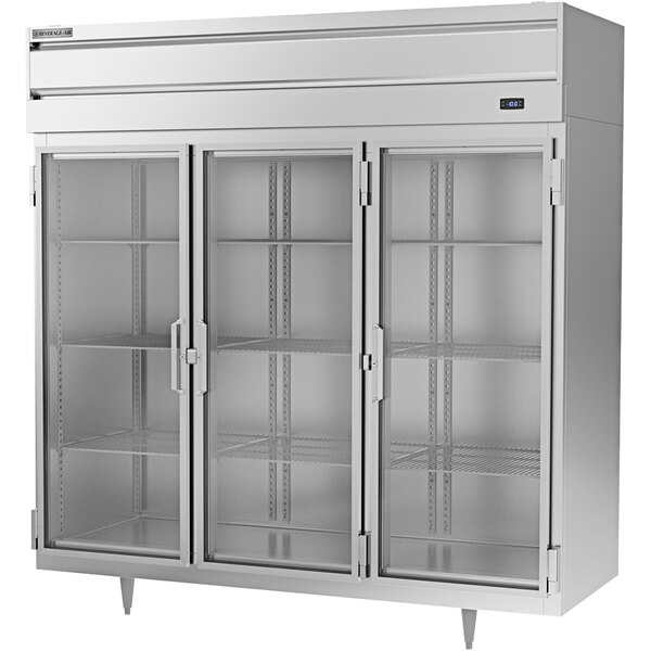 A Beverage-Air reach-in freezer with three glass doors.