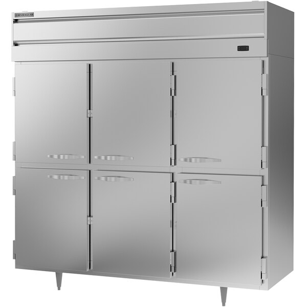 A large silver Beverage-Air reach-in freezer with four half doors.