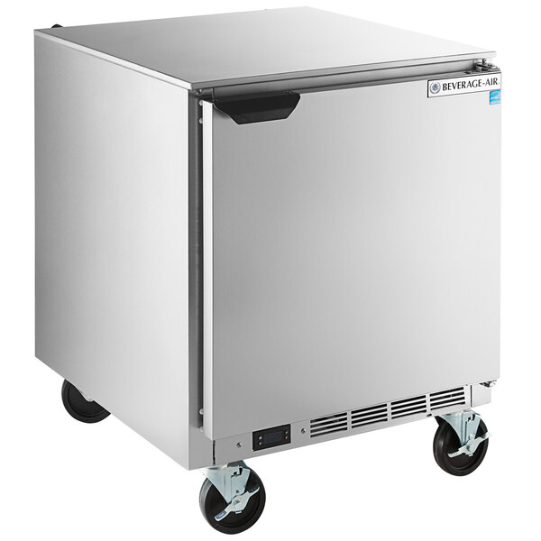 A silver stainless steel Beverage-Air undercounter refrigerator with wheels.
