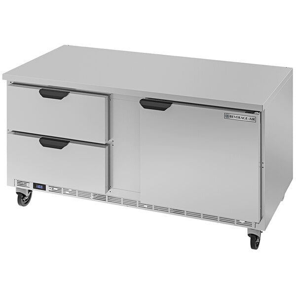 A stainless steel Beverage-Air undercounter worktop freezer with 2 drawers.