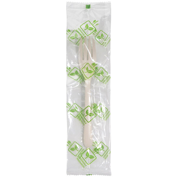 A Fineline white plastic fork in green packaging.