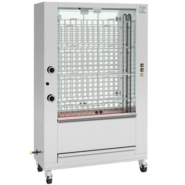 A stainless steel Rotisol Brasilia electric rotisserie with a glass door.