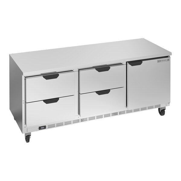 A Beverage-Air stainless steel worktop refrigerator with 4 drawers and a flat top.