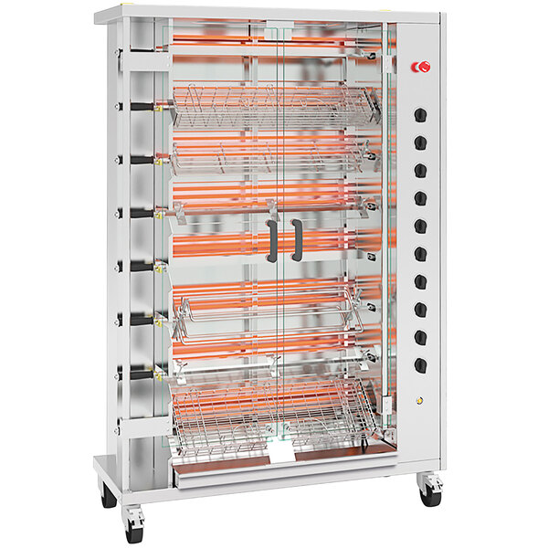 A stainless steel Rotisol-France electric rotisserie with 8 spits.