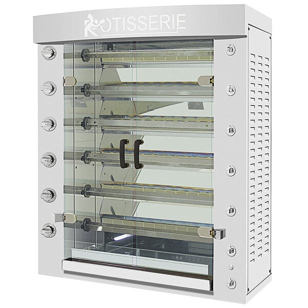 A Rotisol FlamBoyant stainless steel rotisserie oven with glass doors.