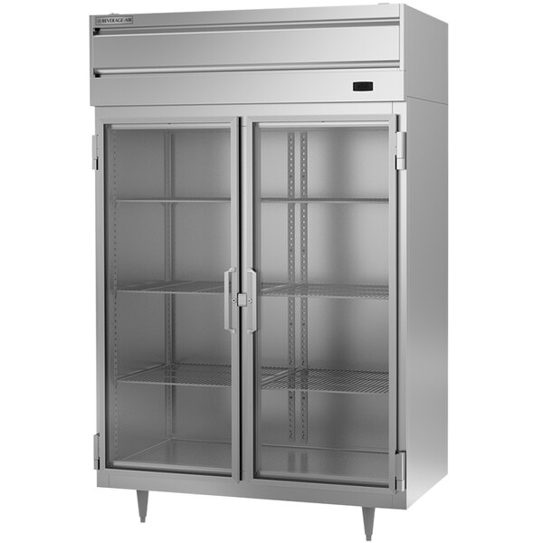A Beverage-Air stainless steel reach-in freezer with glass doors.