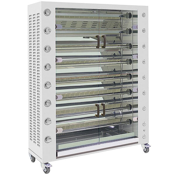 A stainless steel Rotisol-France natural gas rotisserie with 8 spits.