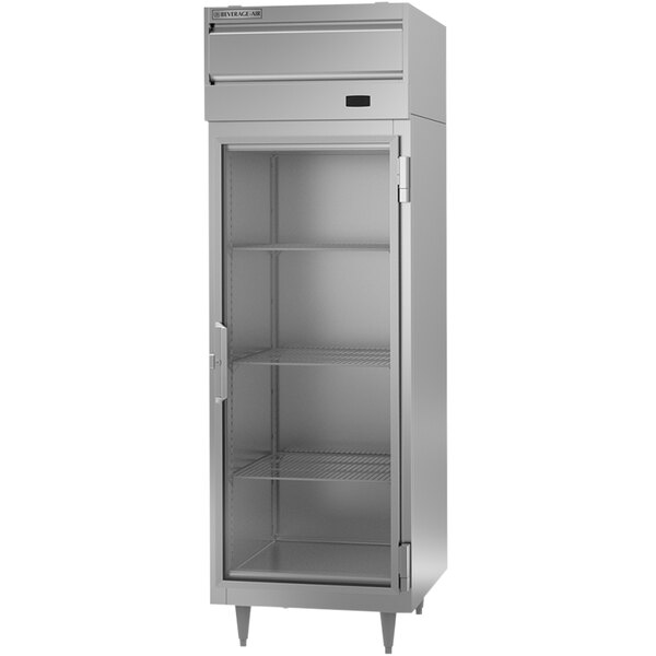 A white metal Beverage-Air reach-in freezer with glass doors and shelves.