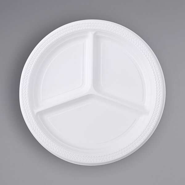 A white Fineline ReForm plastic plate with three compartments.