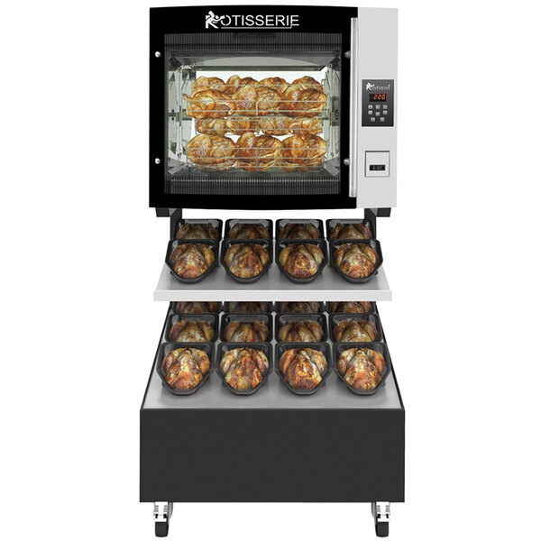 A Rotisol-France electric rotisserie with several trays of chicken cooking inside.