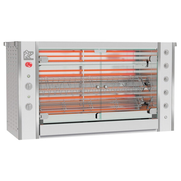 A stainless steel Rotisol-France electric rotisserie with a glass door and orange and red handles.