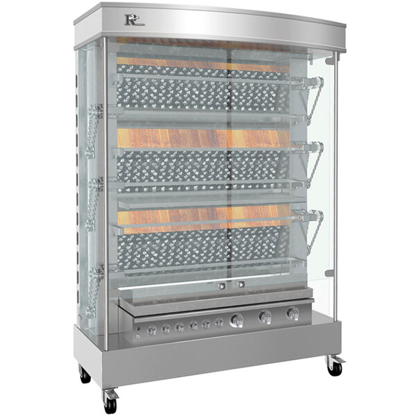 A large stainless steel Rotisol-France MasterFlame rotisserie display case with glass doors.