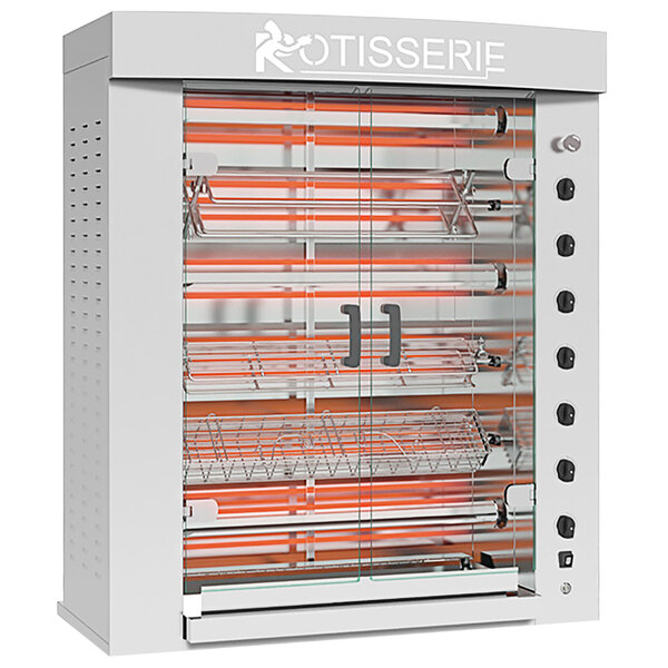A stainless steel Rotisol electric rotisserie with 6 spits and a glass door.