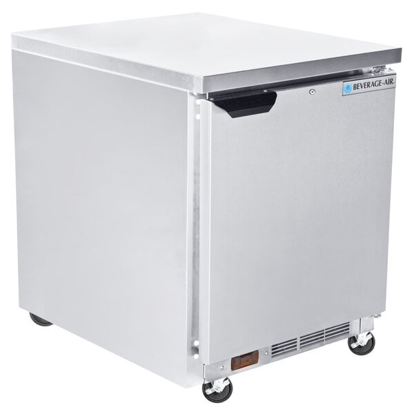 A silver Beverage-Air undercounter refrigerator on wheels.