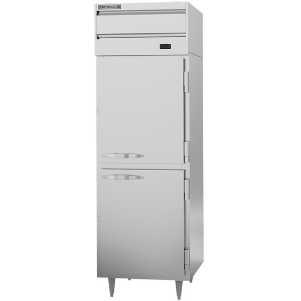 A stainless steel Beverage-Air reach-in freezer with two half doors.