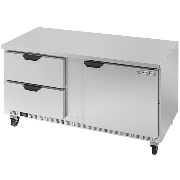 A silver Beverage-Air worktop refrigerator with 2 drawers and a flat top on wheels.