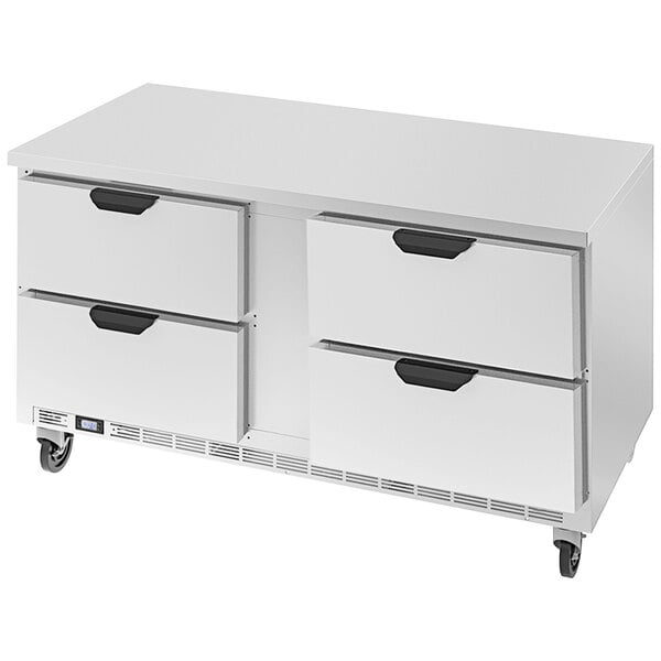 A white rectangular Beverage-Air worktop refrigerator with four drawers and black handles.