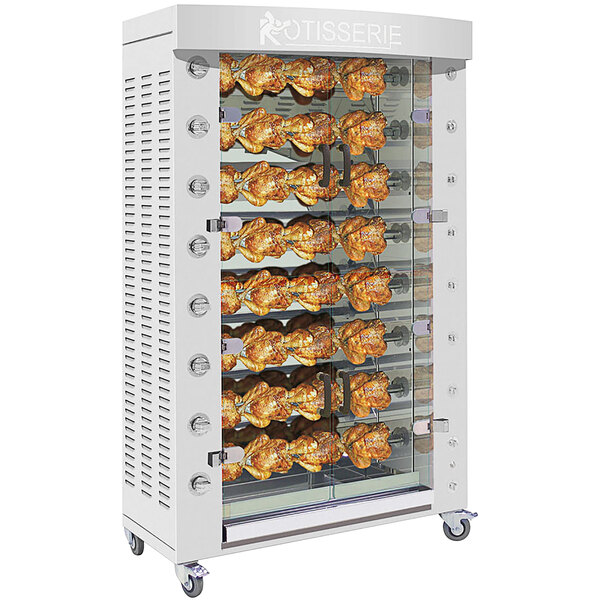 A Rotisol stainless steel rotisserie oven with racks of chicken on spits.