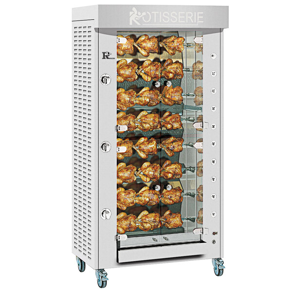 A Rotisol-France stainless steel natural gas rotisserie with chicken on the spits.