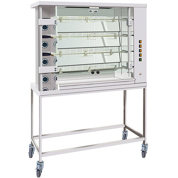 A stainless steel Rotisol-France liquid propane rotisserie with 4 spits and a glass door.