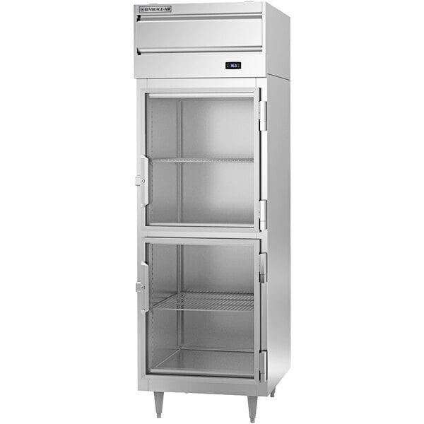 A silver Beverage-Air reach-in refrigerator with glass half doors on top.