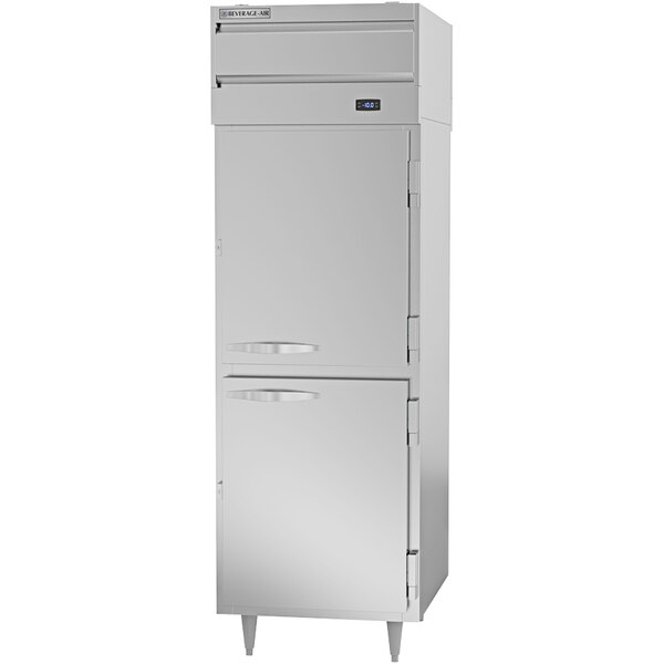 A stainless steel Beverage-Air pass through freezer with two doors.
