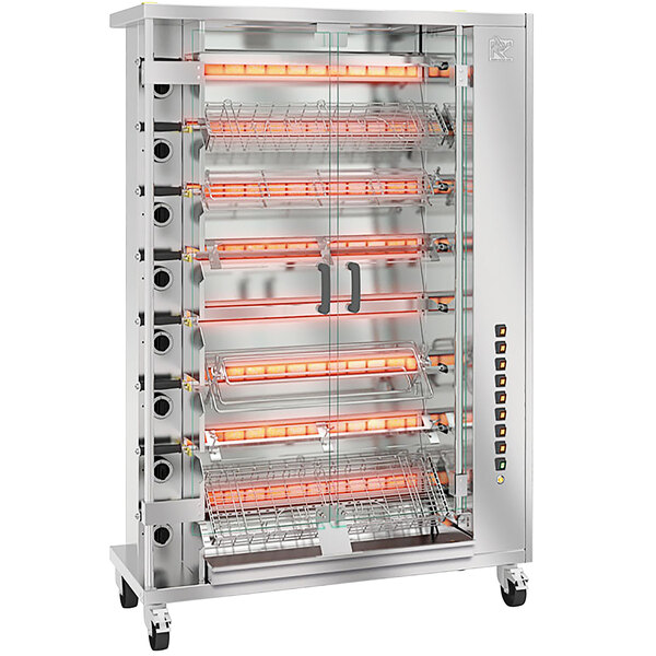 A large stainless steel Rotisol-France rotisserie with 8 spits.