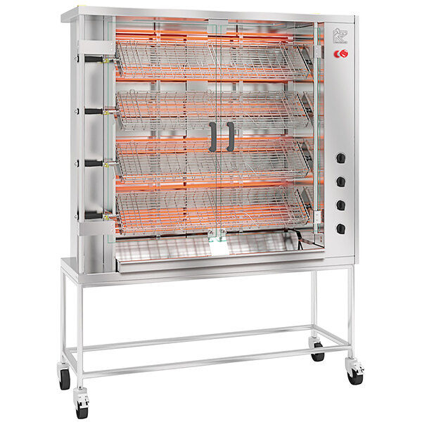 A stainless steel Rotisol electric rotisserie with 4 spits inside.