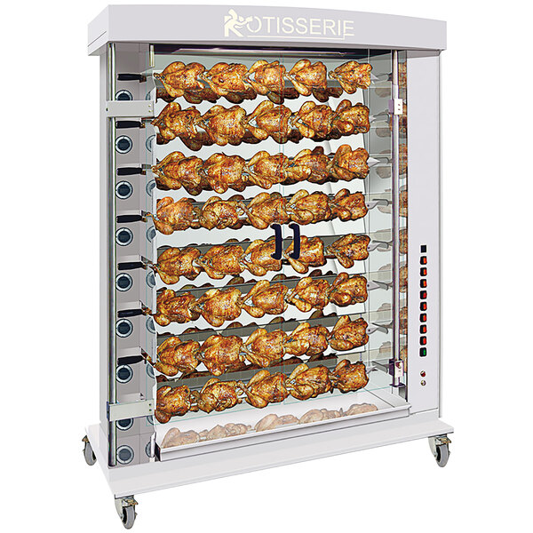 A Rotisol-France stainless steel natural gas rotisserie with 8 spits holding chicken meat.