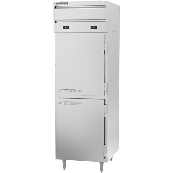A white Beverage-Air commercial refrigerator and freezer with two half doors.