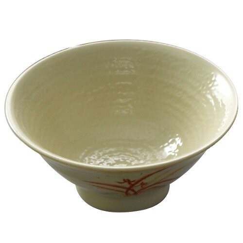 A close-up of a Thunder Group melamine soup bowl with a gold orchid design.