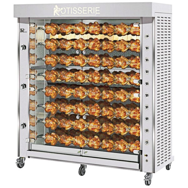 A stainless steel Rotisol GrandFlame rotisserie cabinet with 8 spits of chicken.