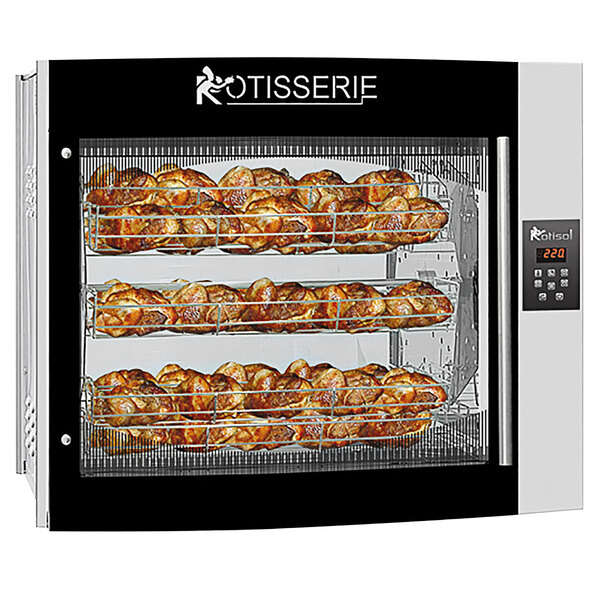 A Rotisol-France electric rotisserie with 8 baskets, each holding a chicken.