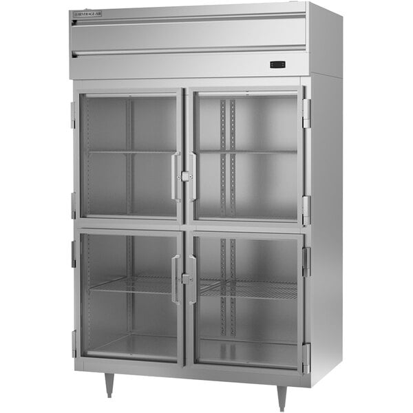 A large white metal Beverage-Air reach-in freezer with glass half doors.