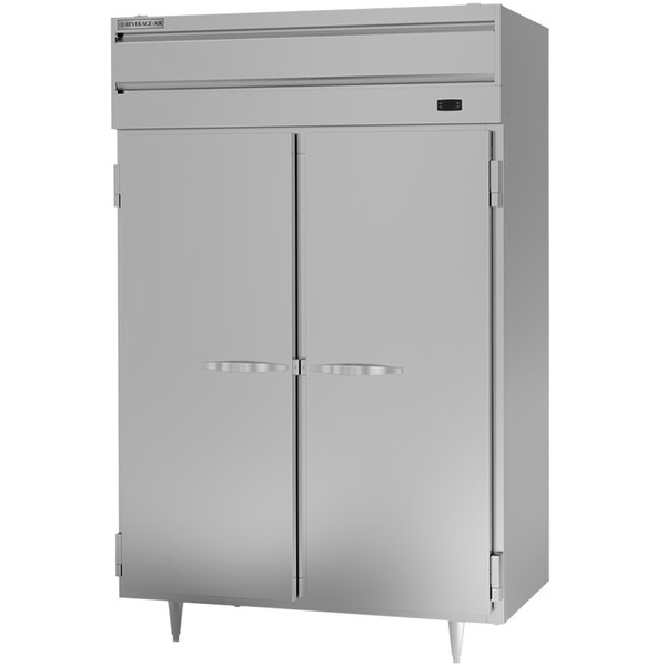 A large silver Beverage-Air reach-in freezer with two doors.