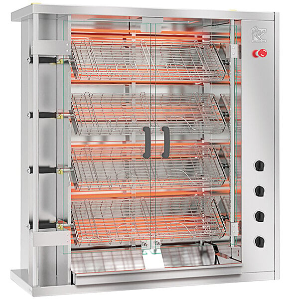 A stainless steel Rotisol-France electric rotisserie machine with 4 spits.