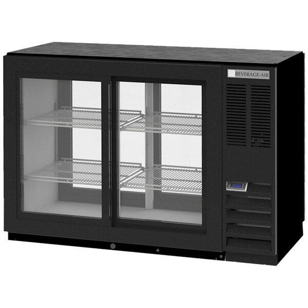 A Beverage-Air black underbar glass door pass through back bar refrigerator.