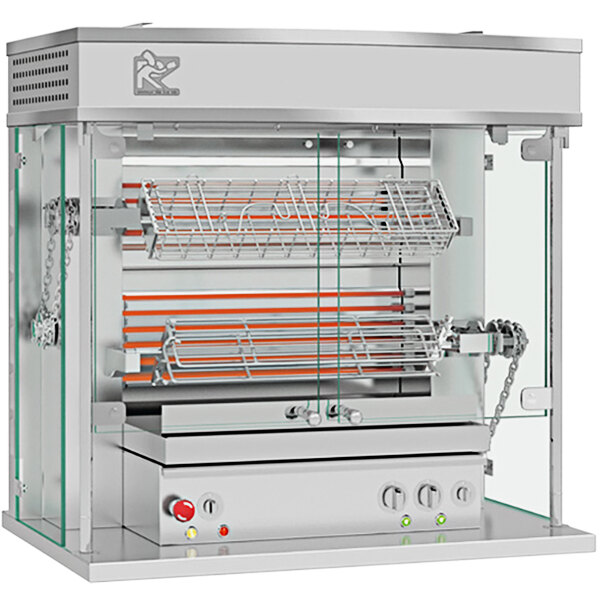A stainless steel Rotisol-France electric rotisserie with 2 spits.