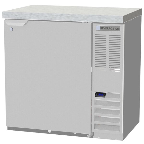 A Beverage-Air stainless steel back bar refrigerator with a solid door.