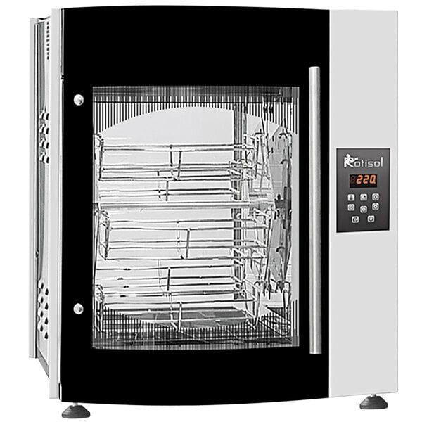 A black and white Rotisol-France electric rotisserie oven with 5 baskets.